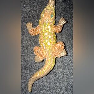 Alligator rhinestone Vtg brooch green brown goldtone guc 31/2”